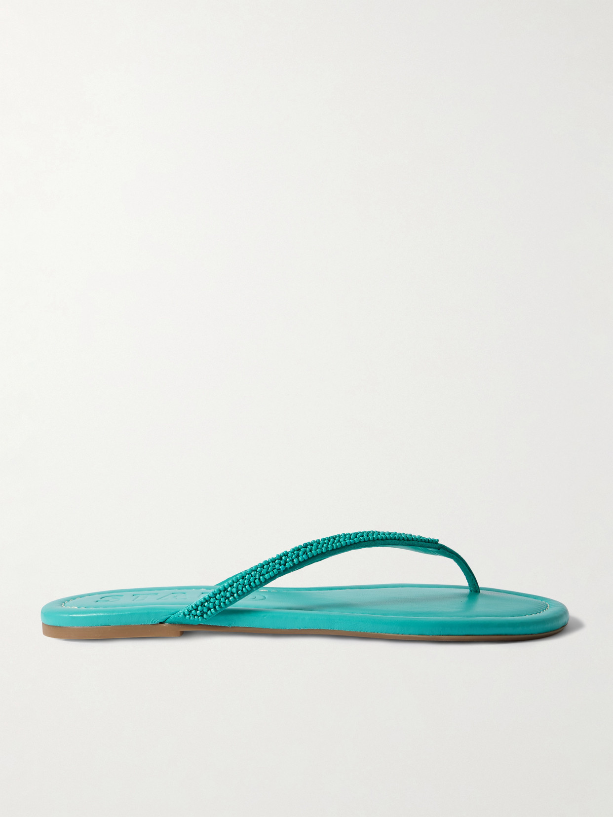 Staud Freja Beaded Satin-trimmed Leather Flip Flops In Blue
