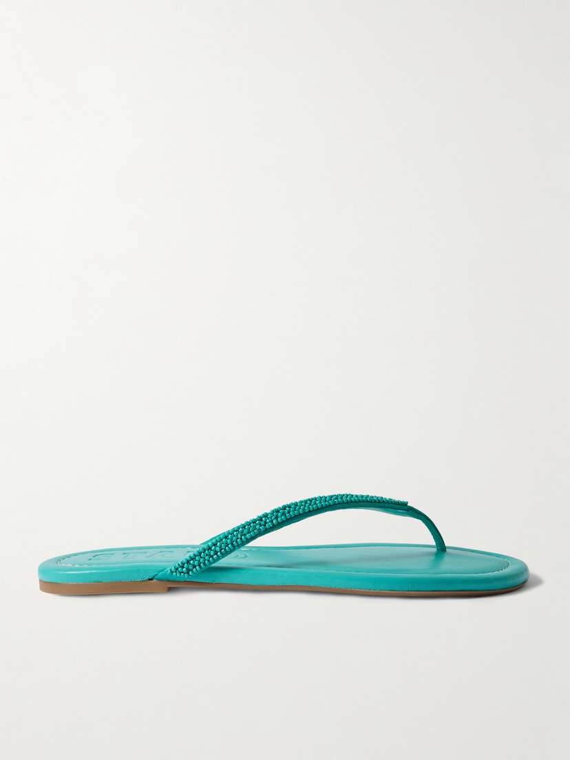 Staud Freja Beaded Satin-trimmed Leather Flip Flops