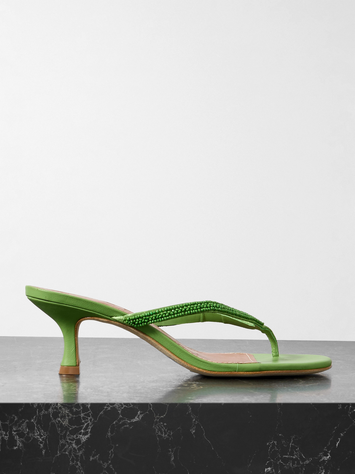 Staud Freja Beaded Satin-trimmed Leather Sandals In Green