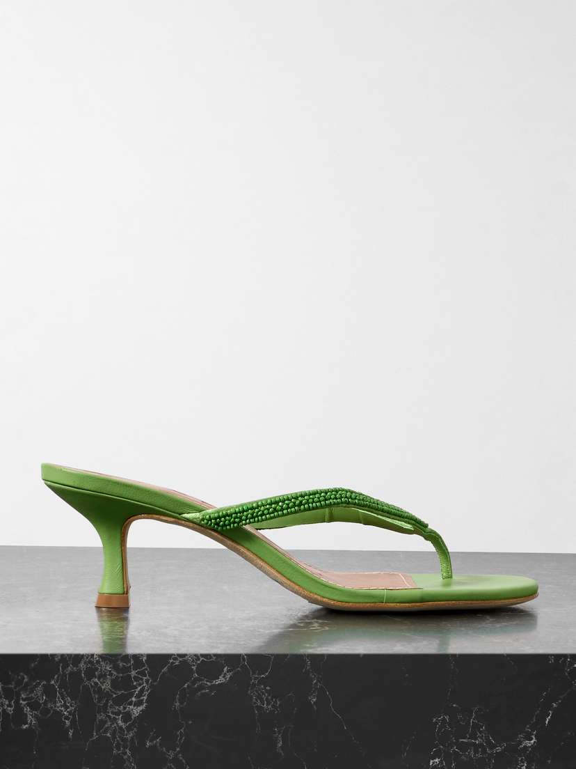 Staud Freja Beaded Satin-trimmed Leather Sandals