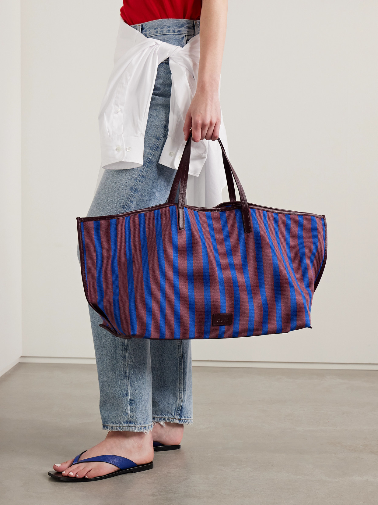 Staud Christos Large Leather-trimmed Striped Canvas Tote