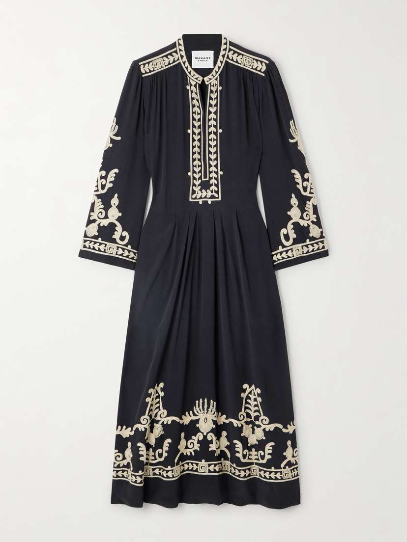 Marant Étoile Embroidered Pleated Crepe Midi Dress