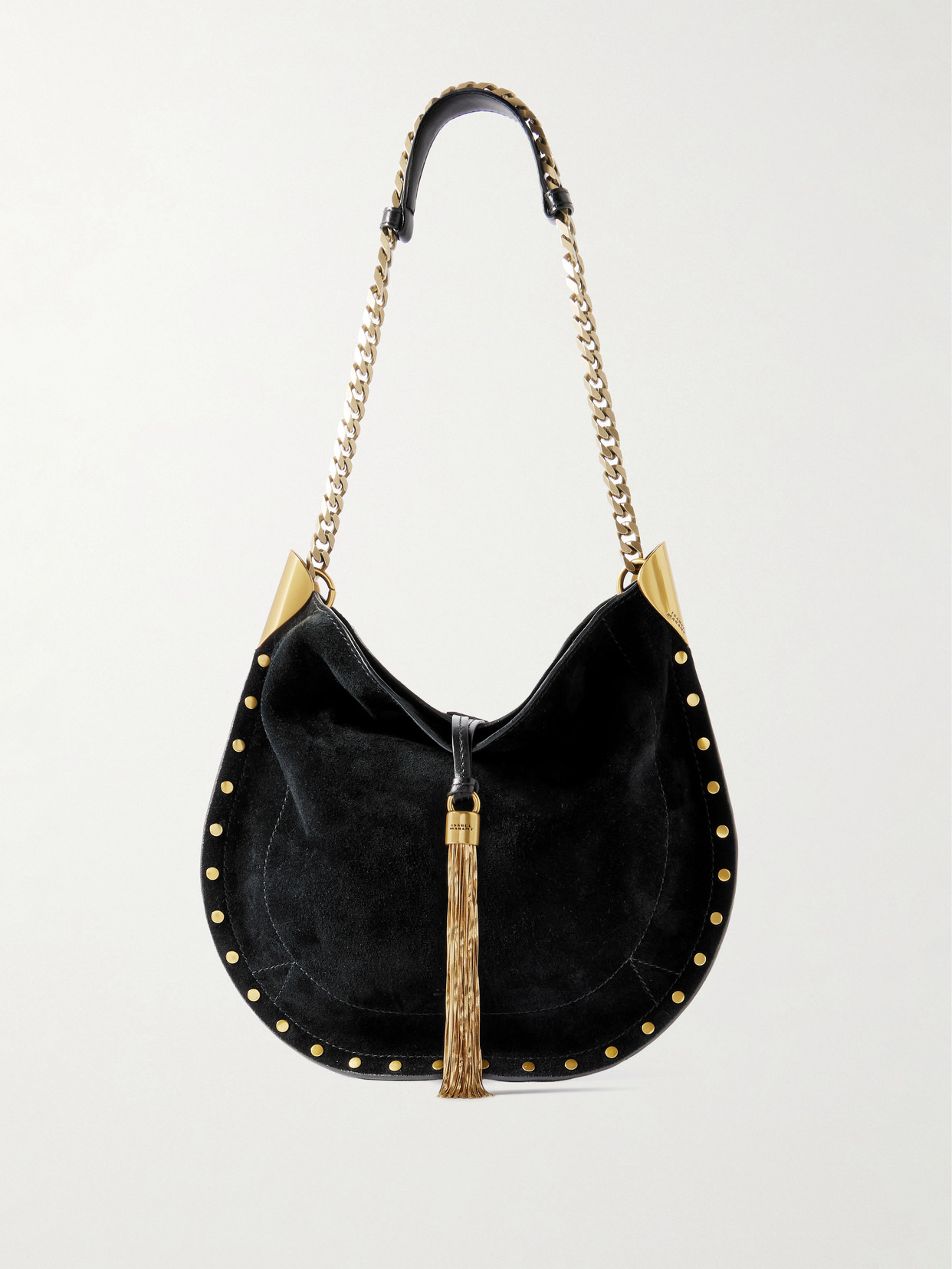 Isabel Marant Oskan Leather-trimmed Tasseled Studded Suede Shoulder Bag In Black