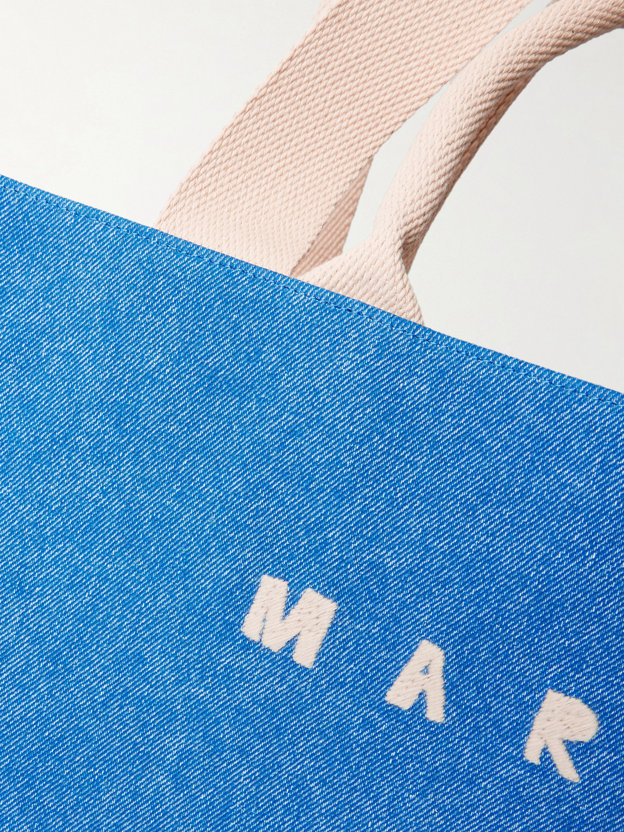 Marni Large East West Logo-embroidered Denim Tote In Blue