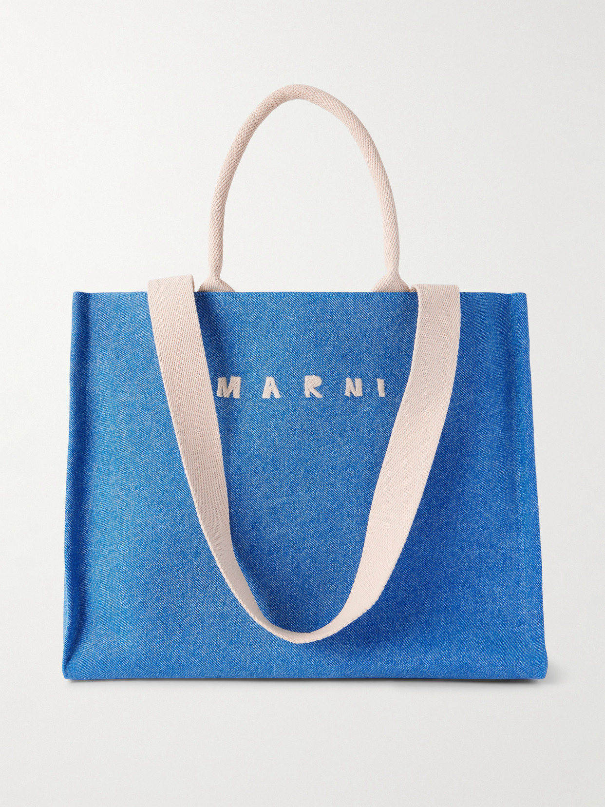 Marni Large East West Logo-embroidered Denim Tote In Blue
