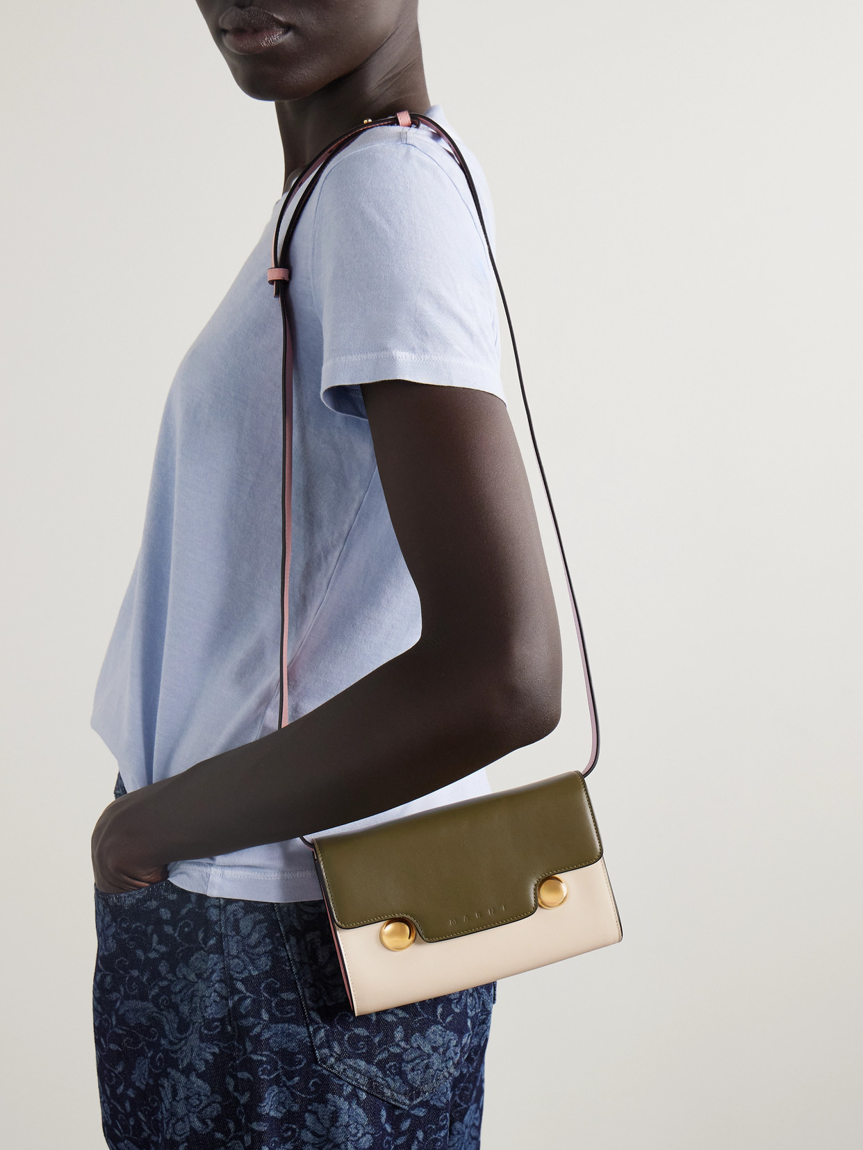 Marni Trunkaroo Embellished Color-block Leather Shoulder Bag In Green