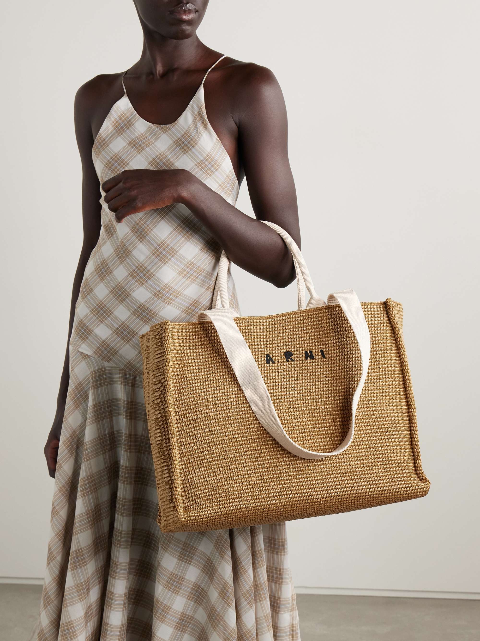 MARNI Large canvas-trimmed embroidered raffia tote