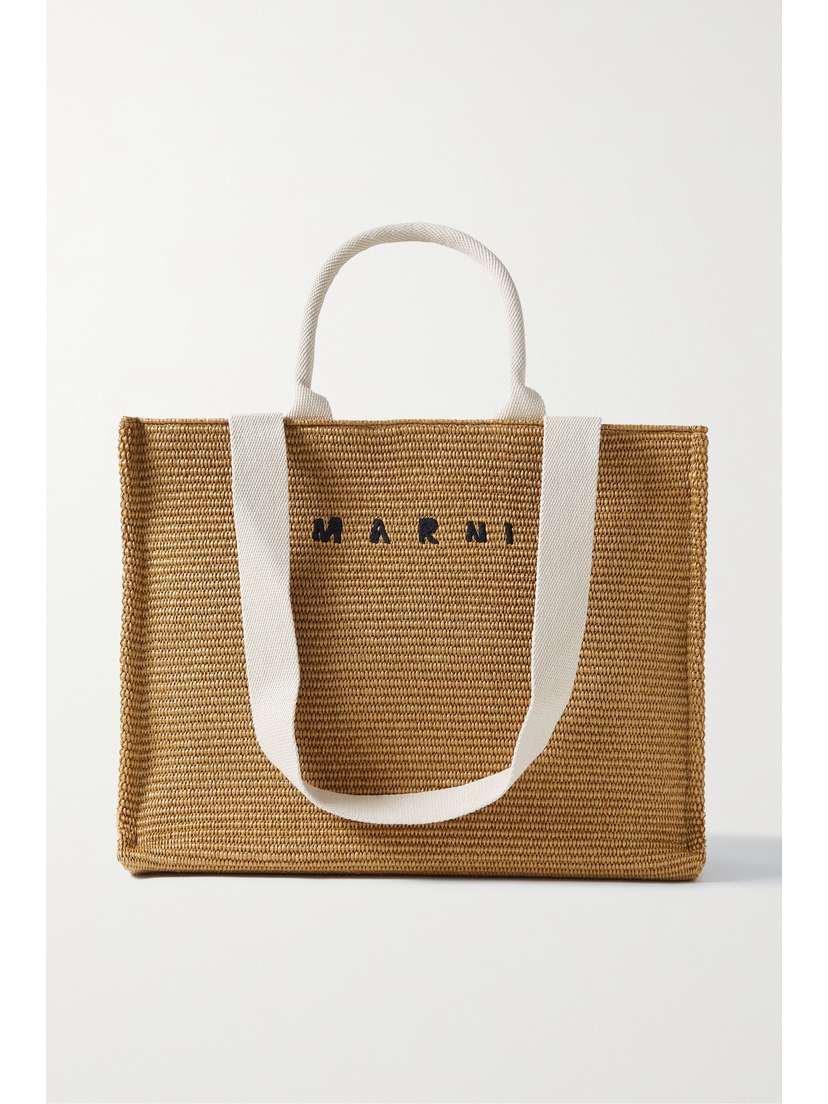 Marni Large Canvas-trimmed Embroidered Raffia Tote