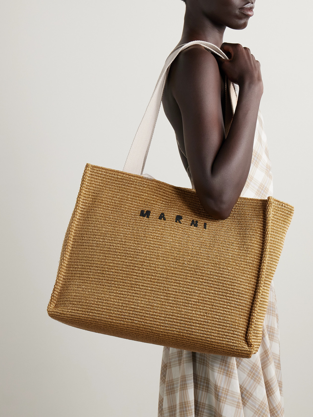 Marni Large Canvas-trimmed Embroidered Raffia Tote