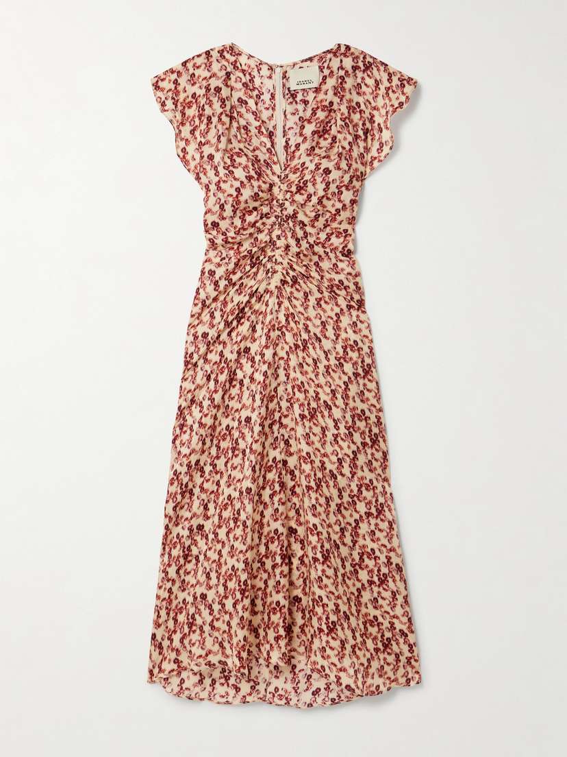 Isabel Marant Lyndsay Gathered Printed Satin Midi Dress