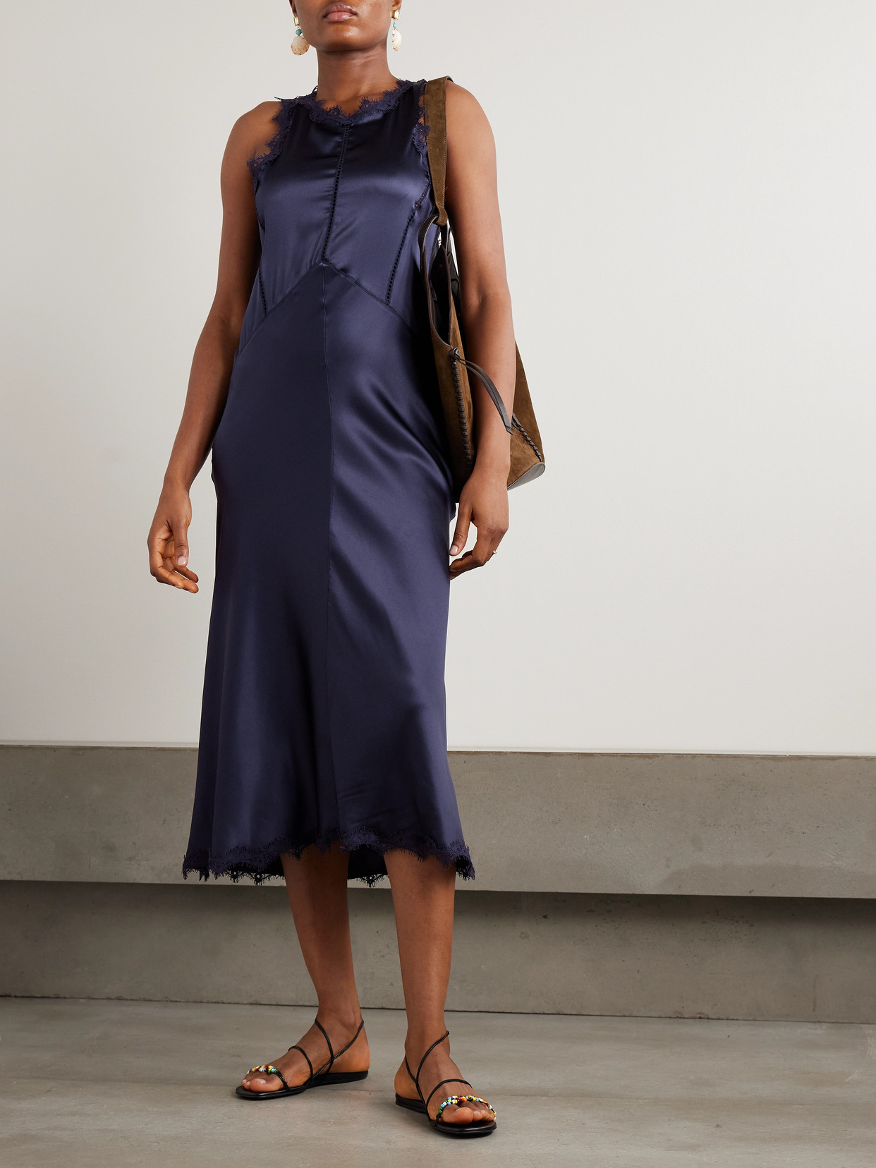 Isabel Marant Jadelia Lace And Pointelle-trimmed Silk-blend Satin Midi Dress