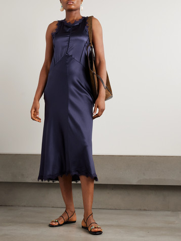 den obelia corded lace-trimmed silk-satin midi dress DEn Obelia Corded Lace-Trimmed Silk-Satin Midi Dress In Blue - 30% Off