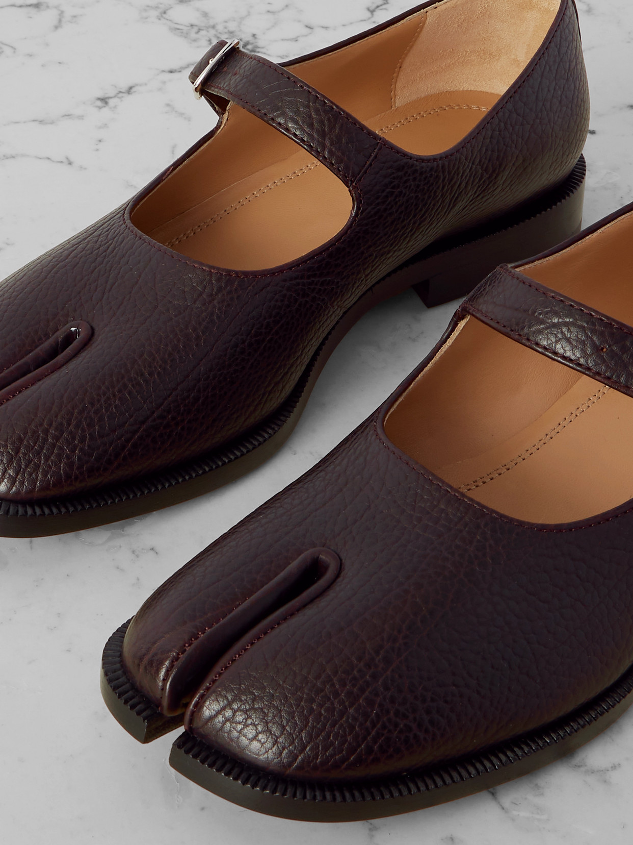 Maison Margiela Tabi Split-toe Textured-leather Mary Jane Flats In Brown