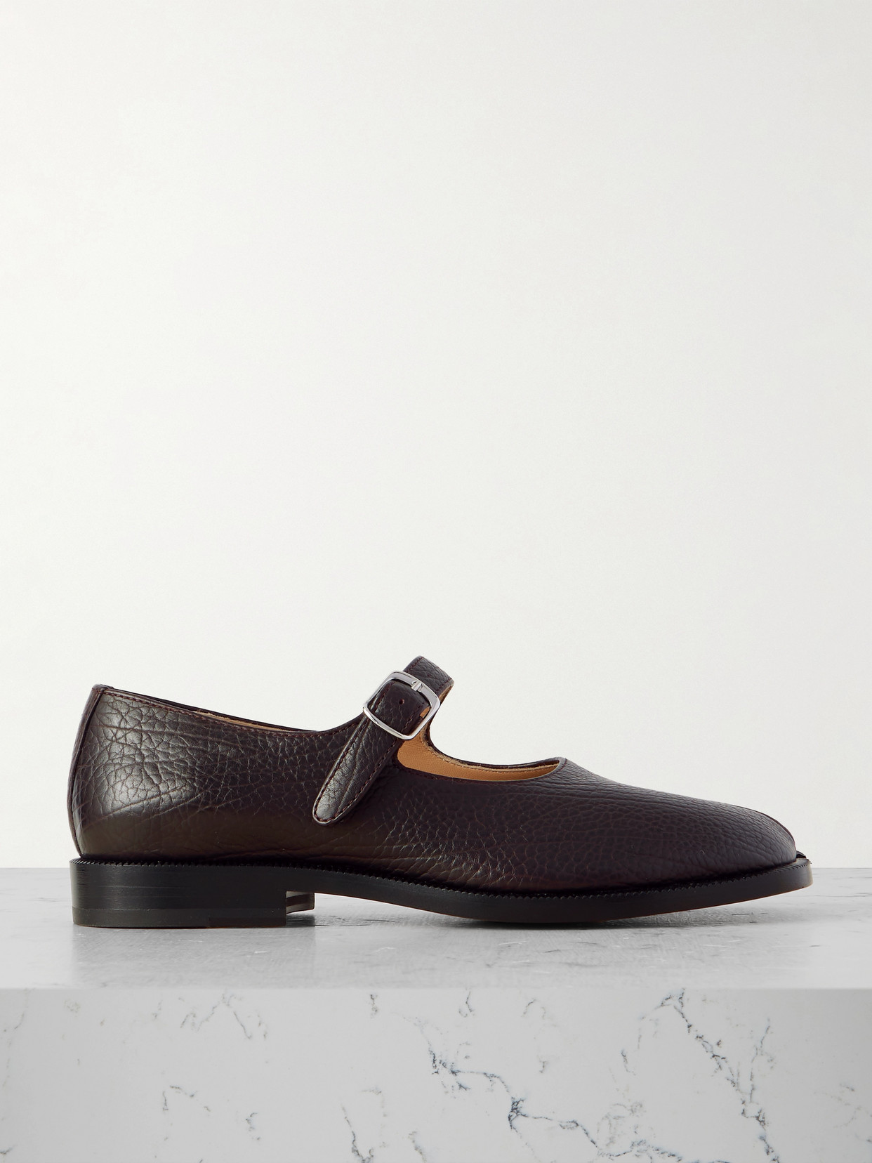 Maison Margiela Tabi Split-toe Textured-leather Mary Jane Flats In Brown