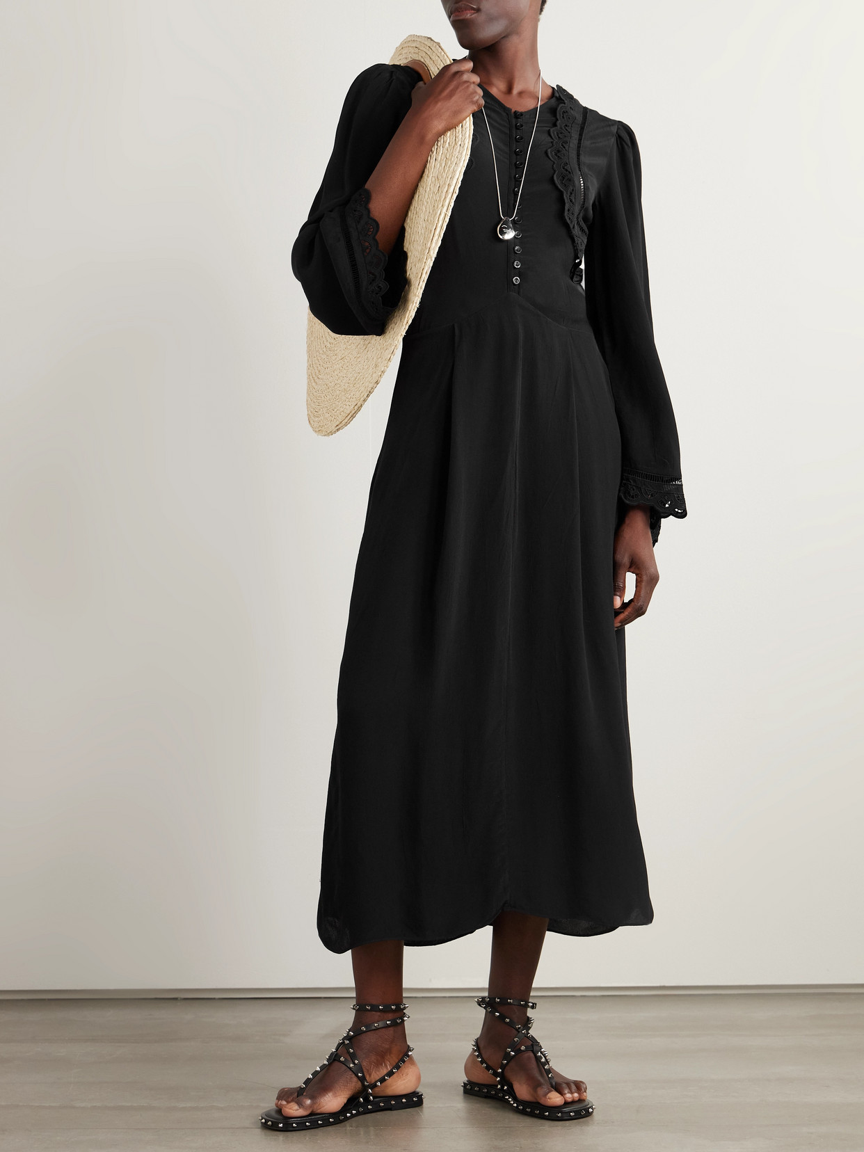 Isabel Marant Faustina Broderie Anglaise And Pointelle-trimmed Poplin Midi Dress In Black