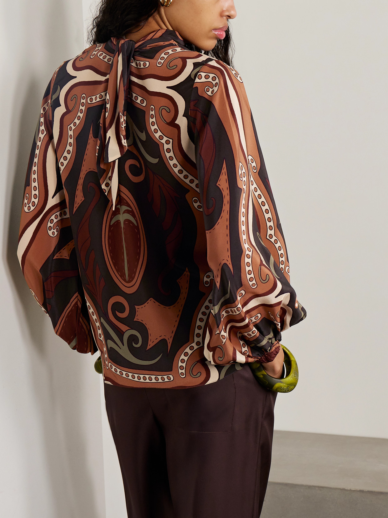 Johanna Ortiz Intricate Islands Gathered Printed Silk Crepe De Chine Blouse In Brown