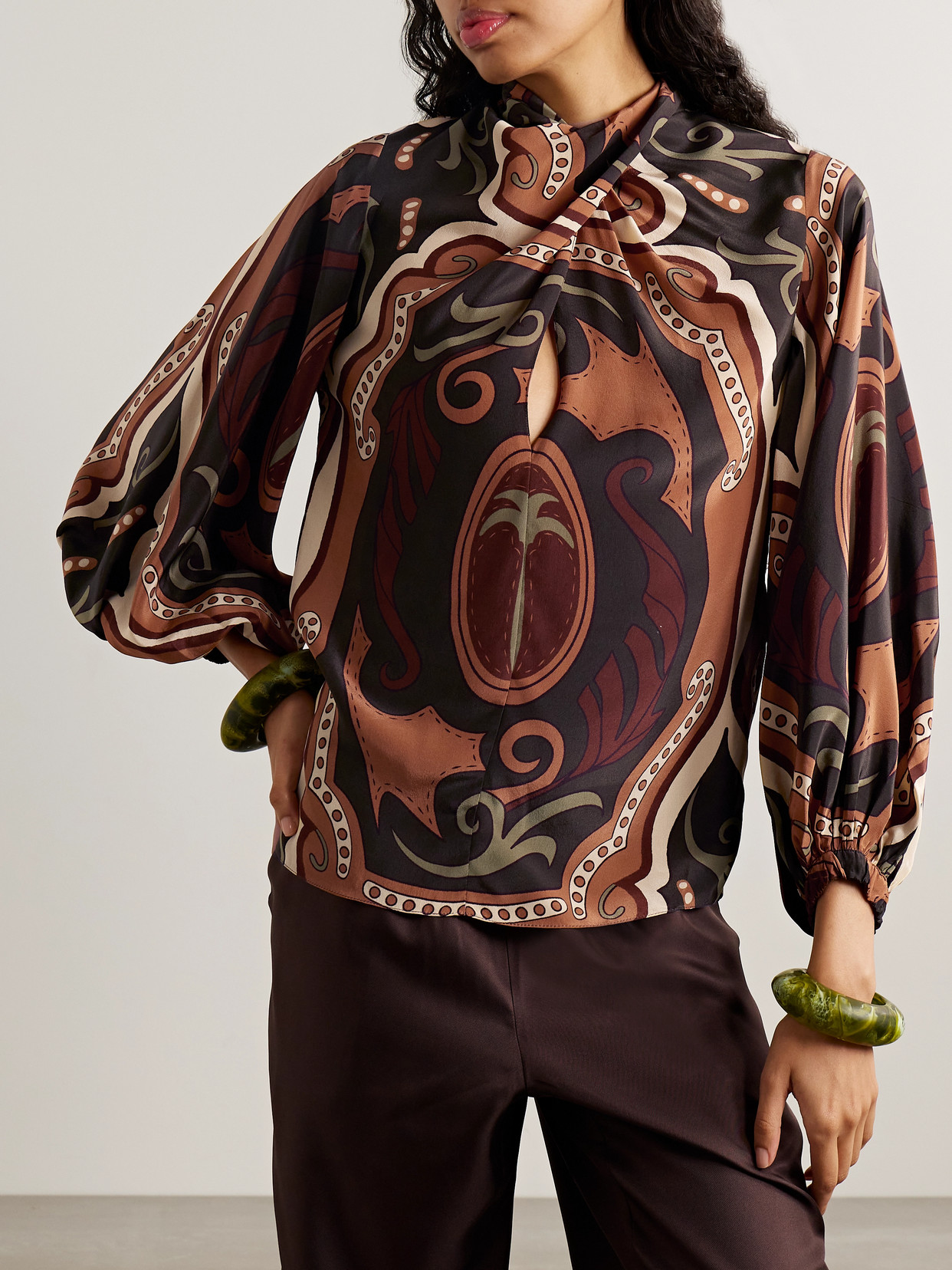 Johanna Ortiz Intricate Islands Gathered Printed Silk Crepe De Chine Blouse In Brown