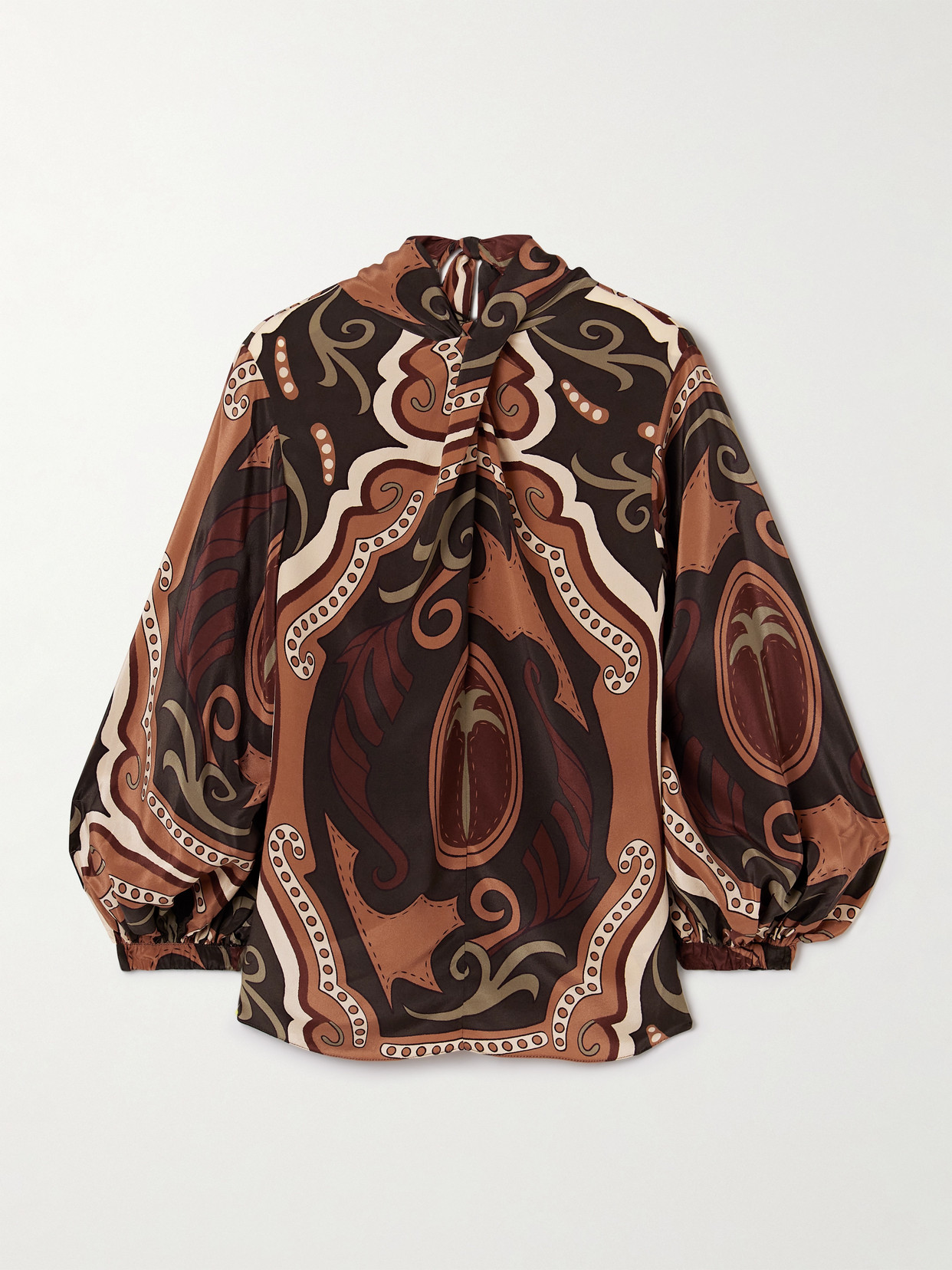 Johanna Ortiz Intricate Islands Gathered Printed Silk Crepe De Chine Blouse In Brown