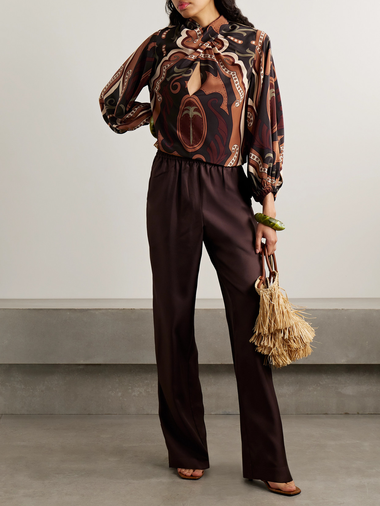 Johanna Ortiz Intricate Islands Gathered Printed Silk Crepe De Chine Blouse In Brown