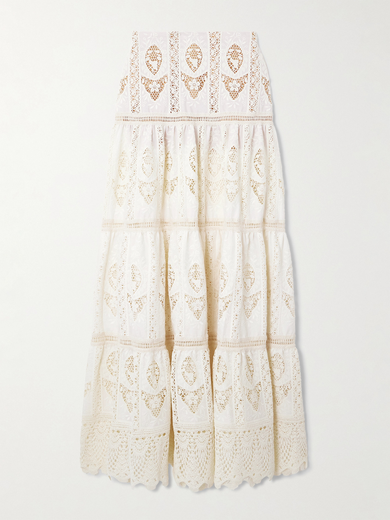 Johanna Ortiz Highlighted Fields Tiered Lace-trimmed Embroidered Voile Maxi Skirt In White