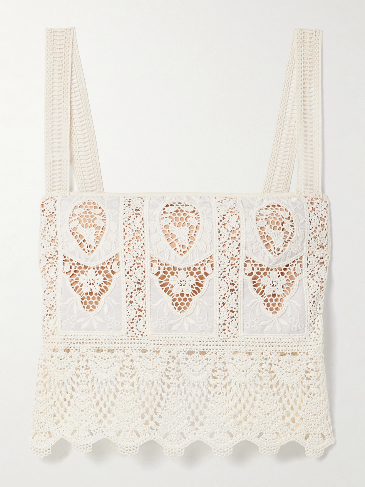 Johanna Ortiz Casablanca Cropped Embroidered Voile And Crocheted Tank In White