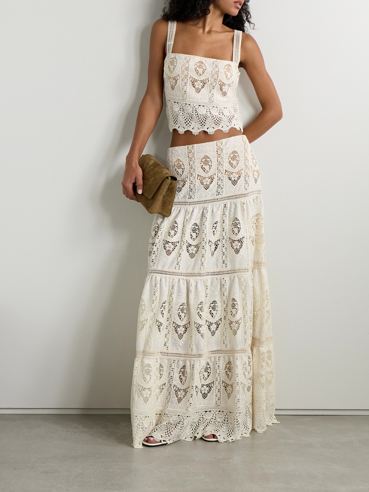 Johanna Ortiz Casablanca Cropped Embroidered Voile And Crocheted Tank In White