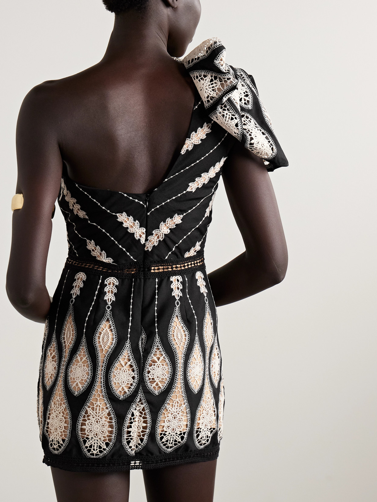 Johanna Ortiz Celestial Matter One-shoulder Guipure Lace-trimmed Voile Mini Dress In Black