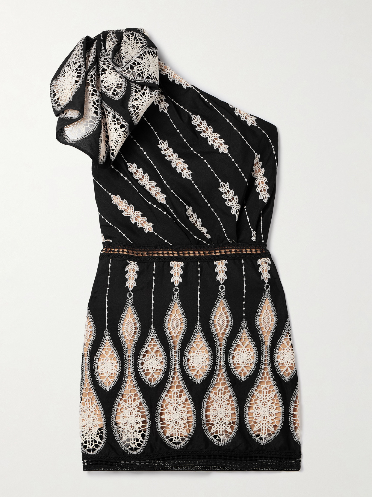 Johanna Ortiz Celestial Matter One-shoulder Guipure Lace-trimmed Voile Mini Dress In Black