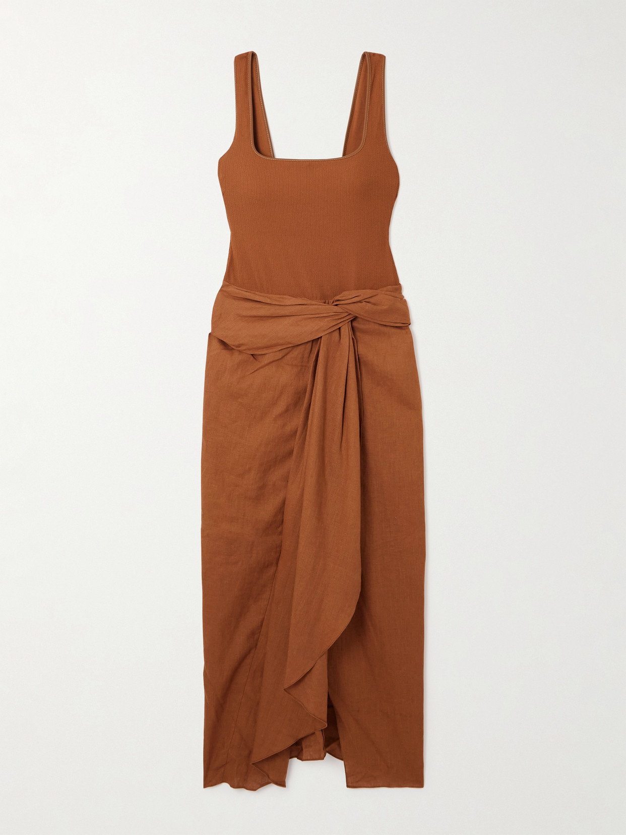 Johanna Ortiz Encanto Pacifico Asymmetric Linen And Ribbed-knit Dress In Brown