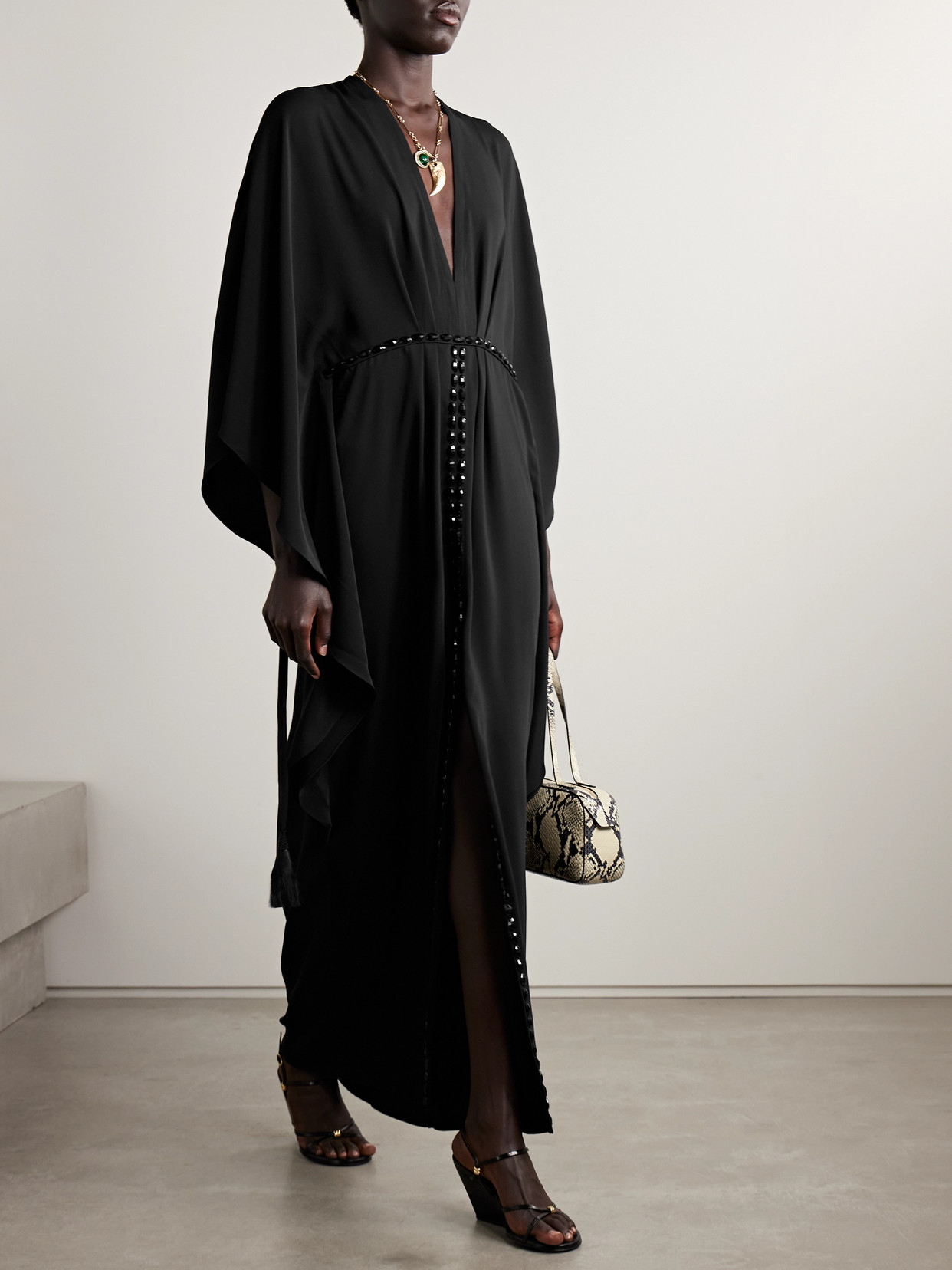 Johanna Ortiz Sombreando Crystal-embellished Pleated Crepe Maxi Dress In Black