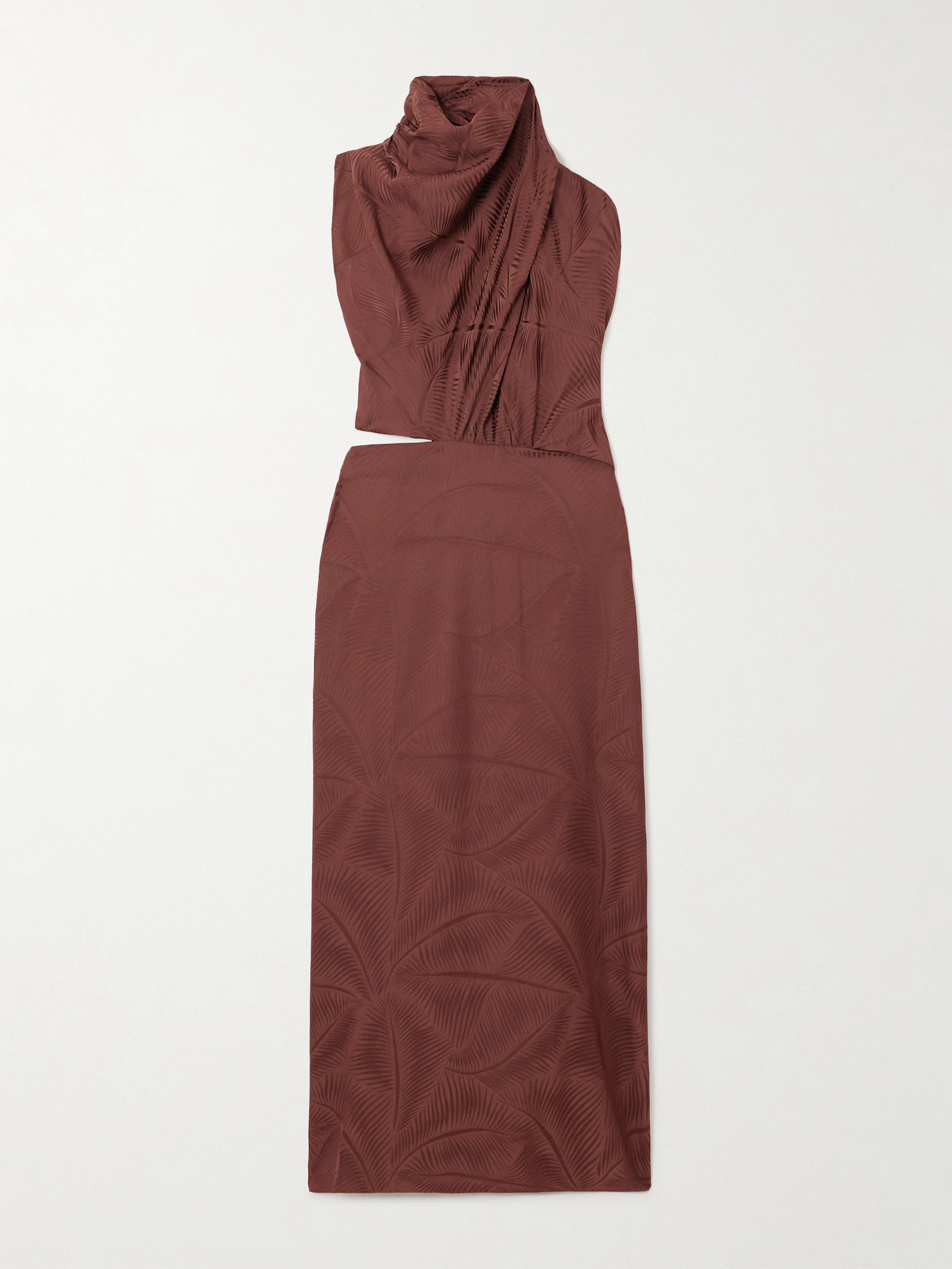 Johanna Ortiz Finding Balance Draped Cutout Jacquard Midi Dress In Brown