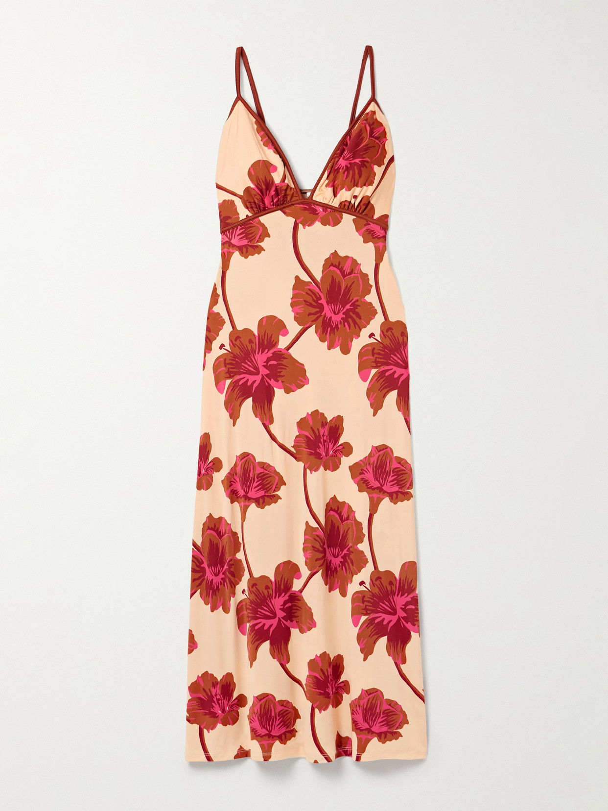 Johanna Ortiz Sendero De Astromelias Floral-print Satin Maxi Dress In Burgundy