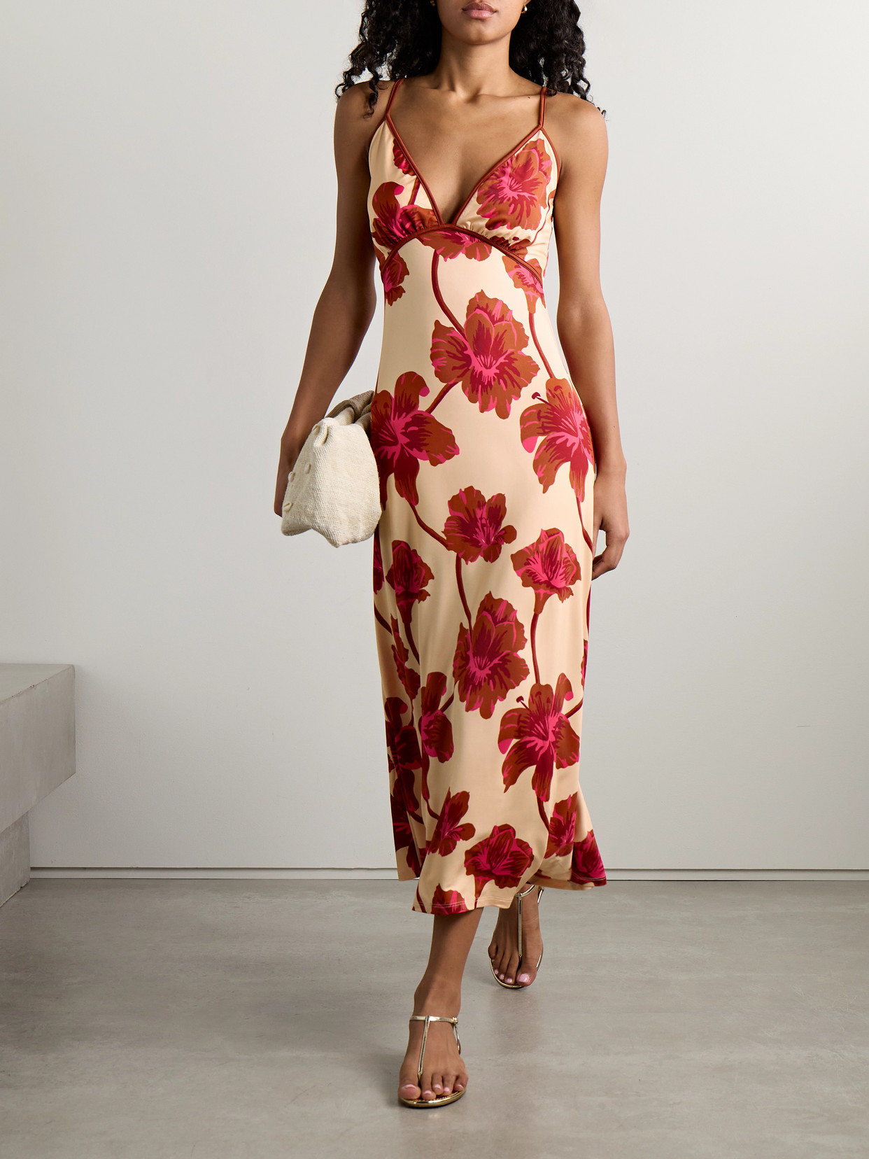 Johanna Ortiz Sendero De Astromelias Floral-print Satin Maxi Dress In Burgundy