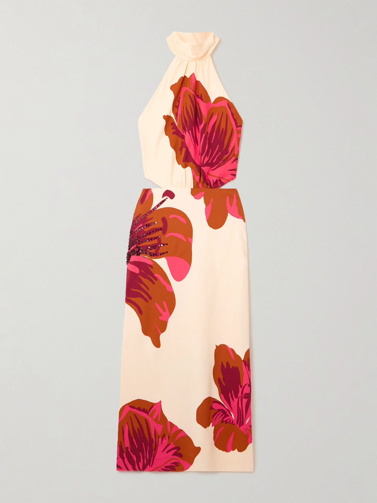 Johanna Ortiz Best Of Times Embellished Printed Crepe Halterneck Maxi Dress In Brown