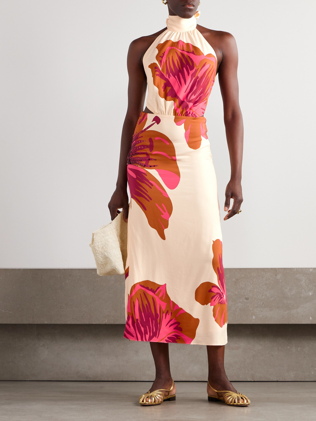 Johanna Ortiz Best Of Times Embellished Printed Crepe Halterneck Maxi Dress In Brown