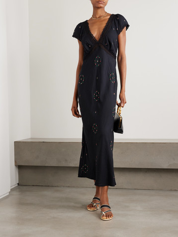 RIXO Iggy lace-trimmed embroidered voile midi dress