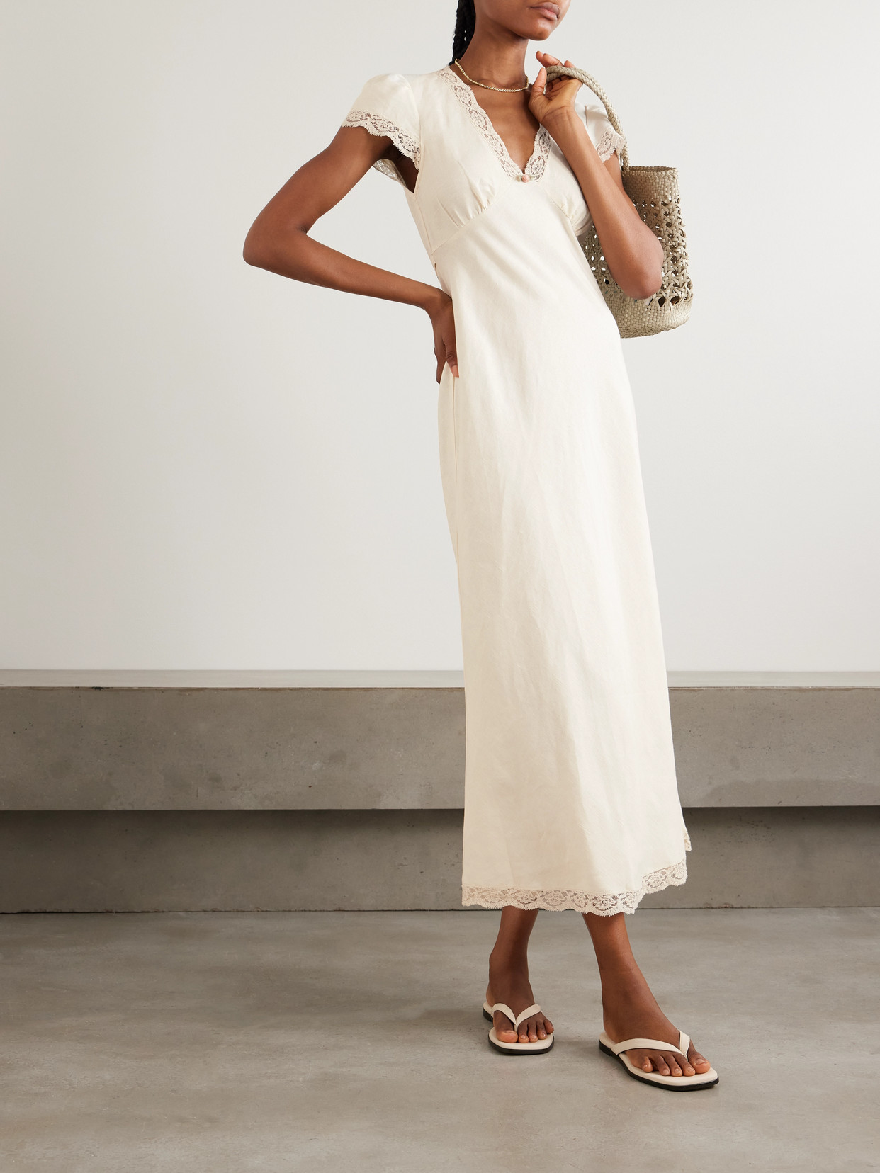 Rixo London Clarice Lace-trimmed Linen-blend Midi Dress