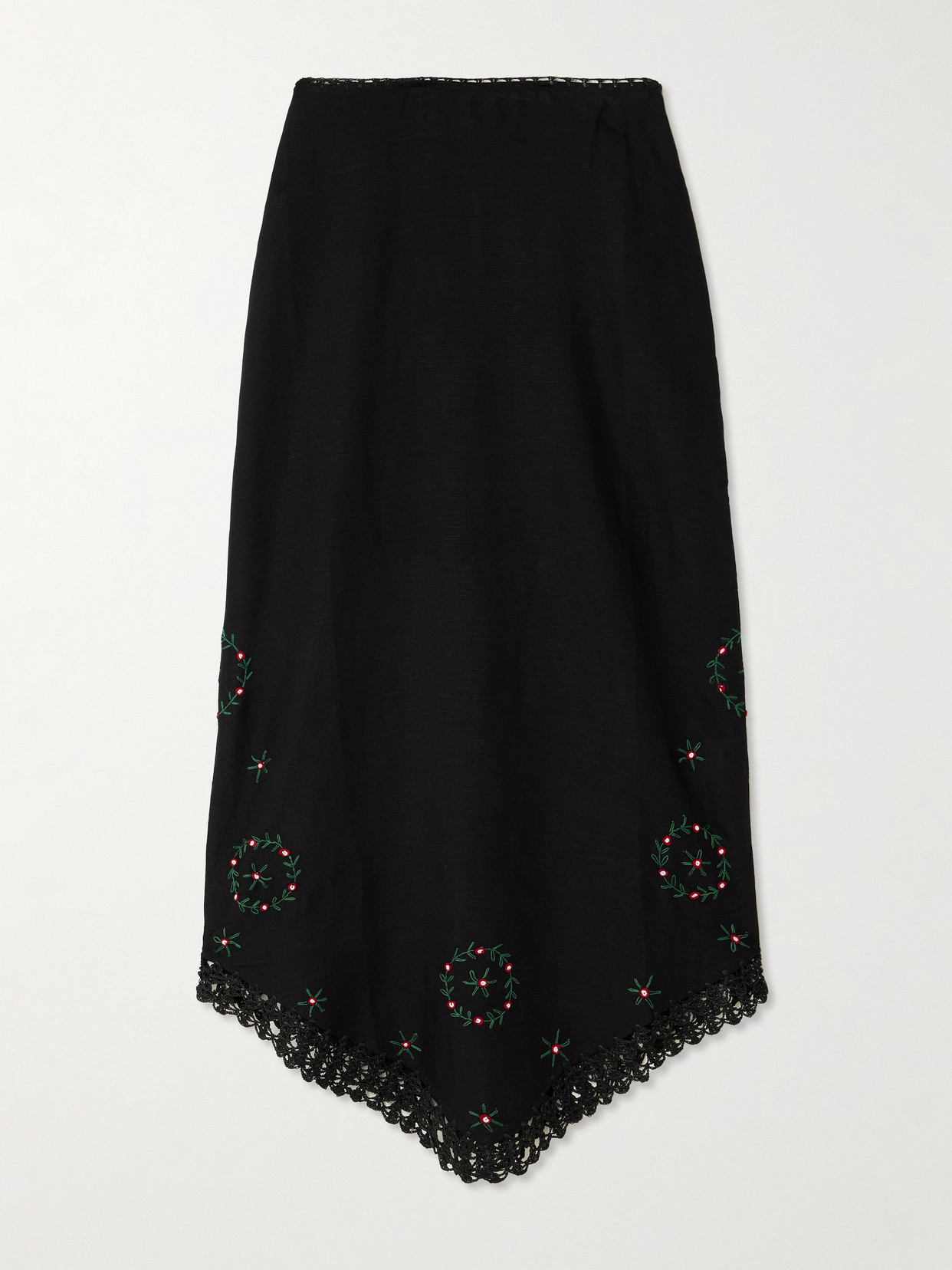 Rixo London Imola Crochet-trimmed Embroidered Linen-blend Midi Skirt In Black