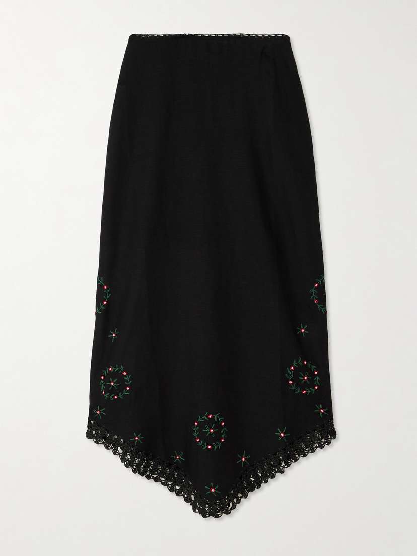 Rixo Imola Crochet-trimmed Embroidered Linen-blend Midi Skirt