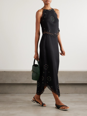 RIXO Imola crochet-trimmed embroidered linen-blend midi skirt