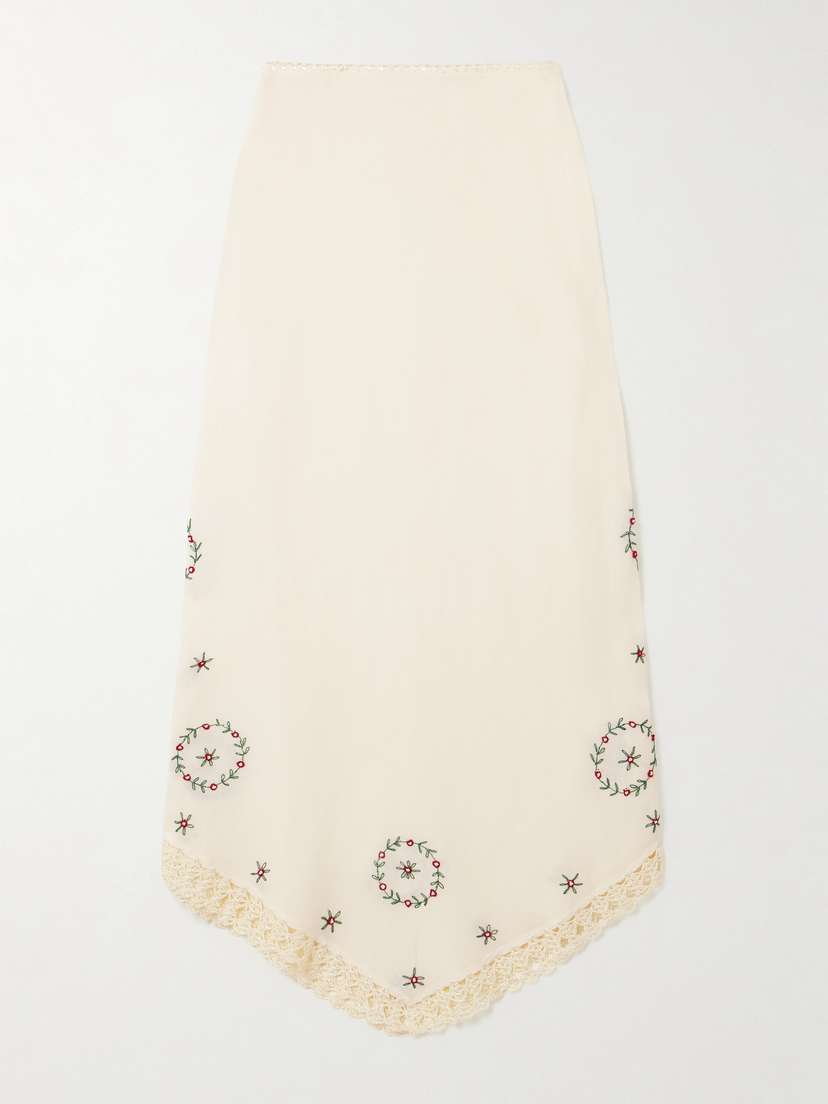 Rixo Imola Crochet-trimmed Embroidered Linen-blend Midi Skirt