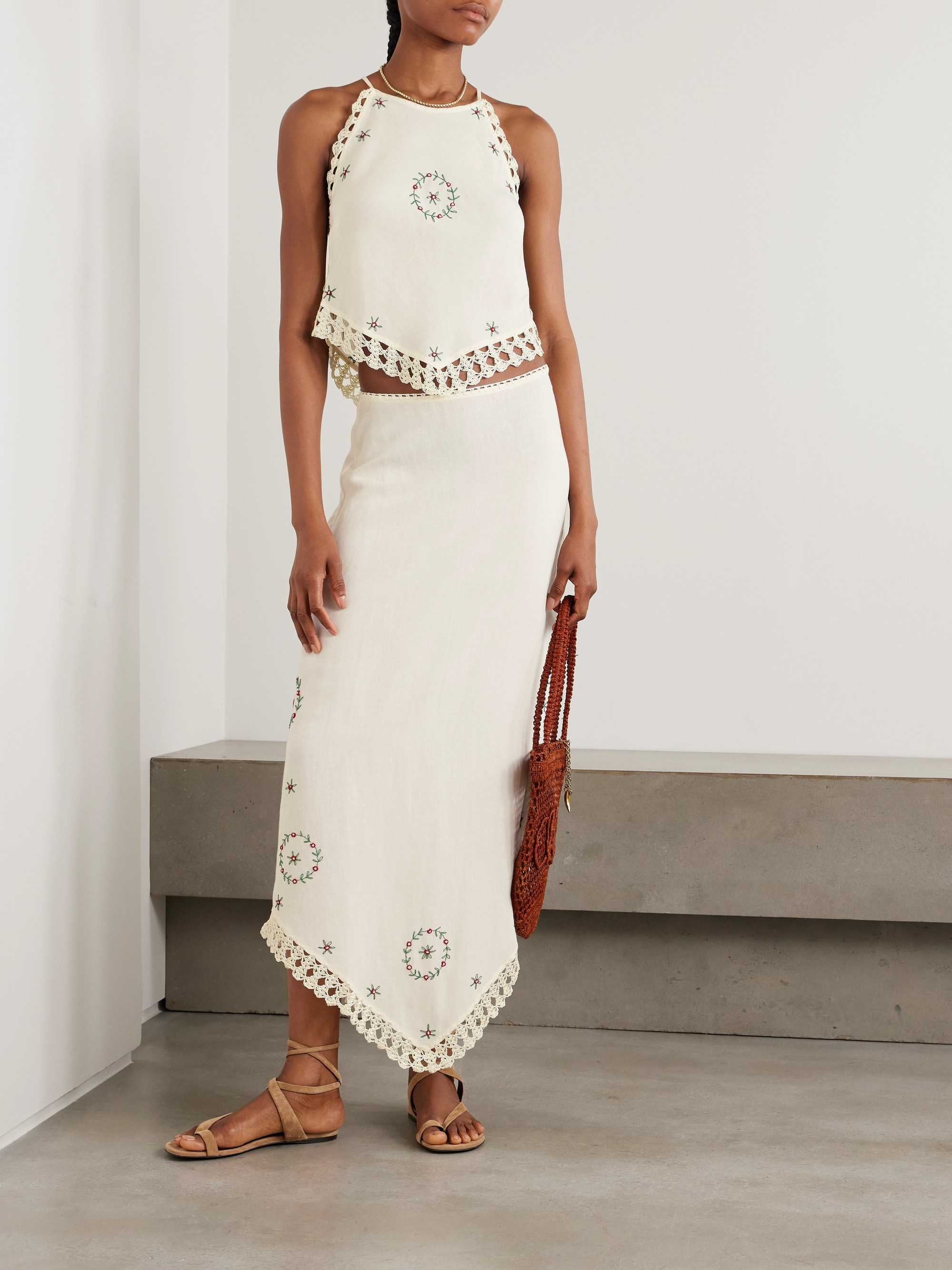 RIXO - Imola crochet-trimmed embroidered linen-blend midi skirt | Plush