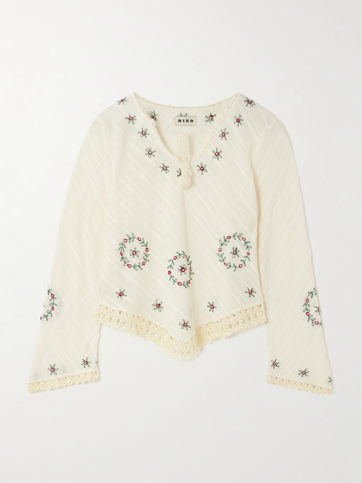 Rixo London Annalisa Crochet-trimmed Embroidered Cotton-seersucker Top In White