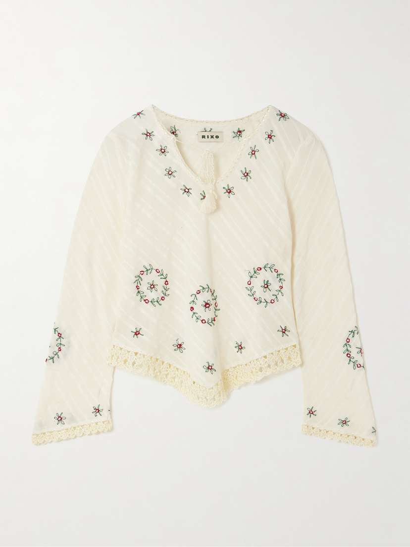 Rixo Annalisa Crochet-trimmed Embroidered Cotton-seersucker Top