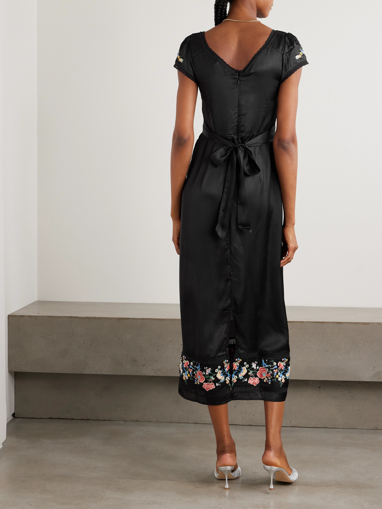 Rixo London Carey Lace-trimmed Embroidered Satin Midi Dress