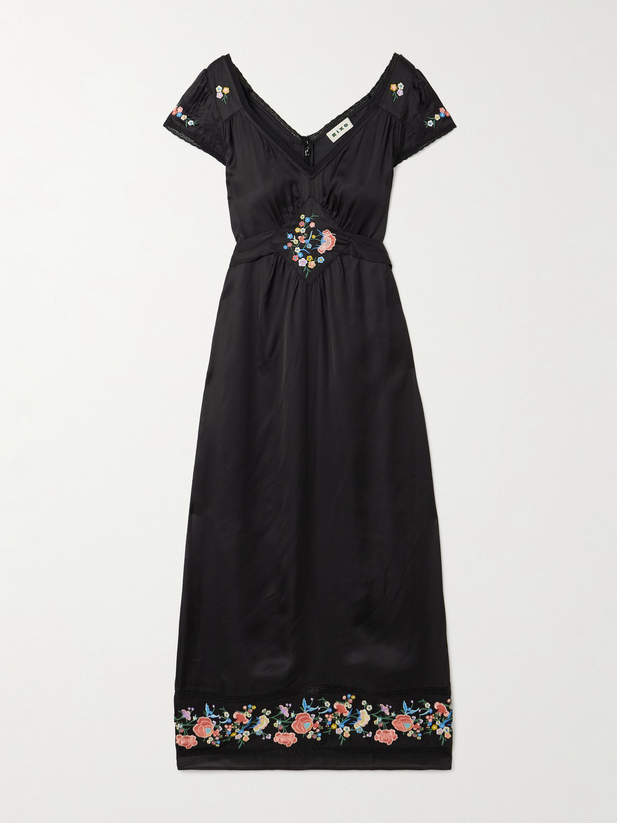 Rixo London Carey Lace-trimmed Embroidered Satin Midi Dress