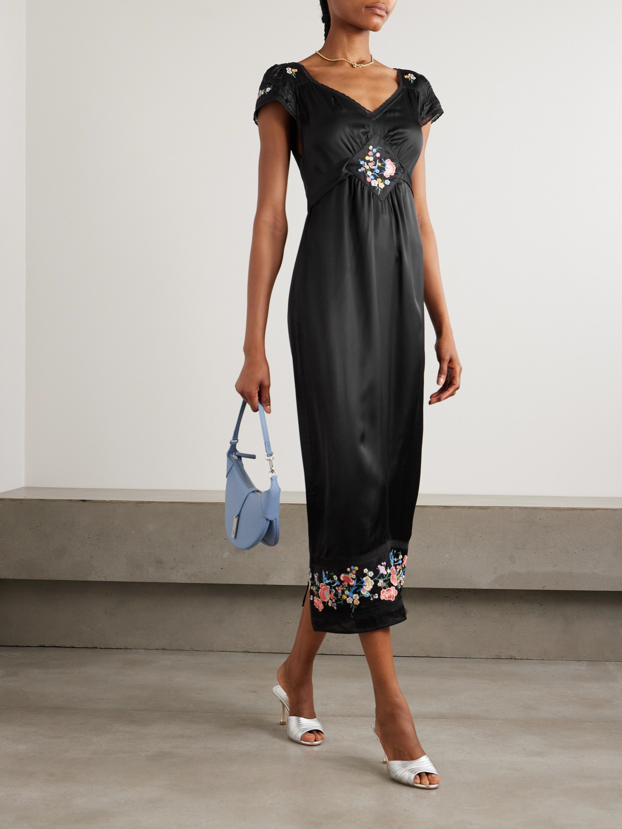 Rixo London Carey Lace-trimmed Embroidered Satin Midi Dress