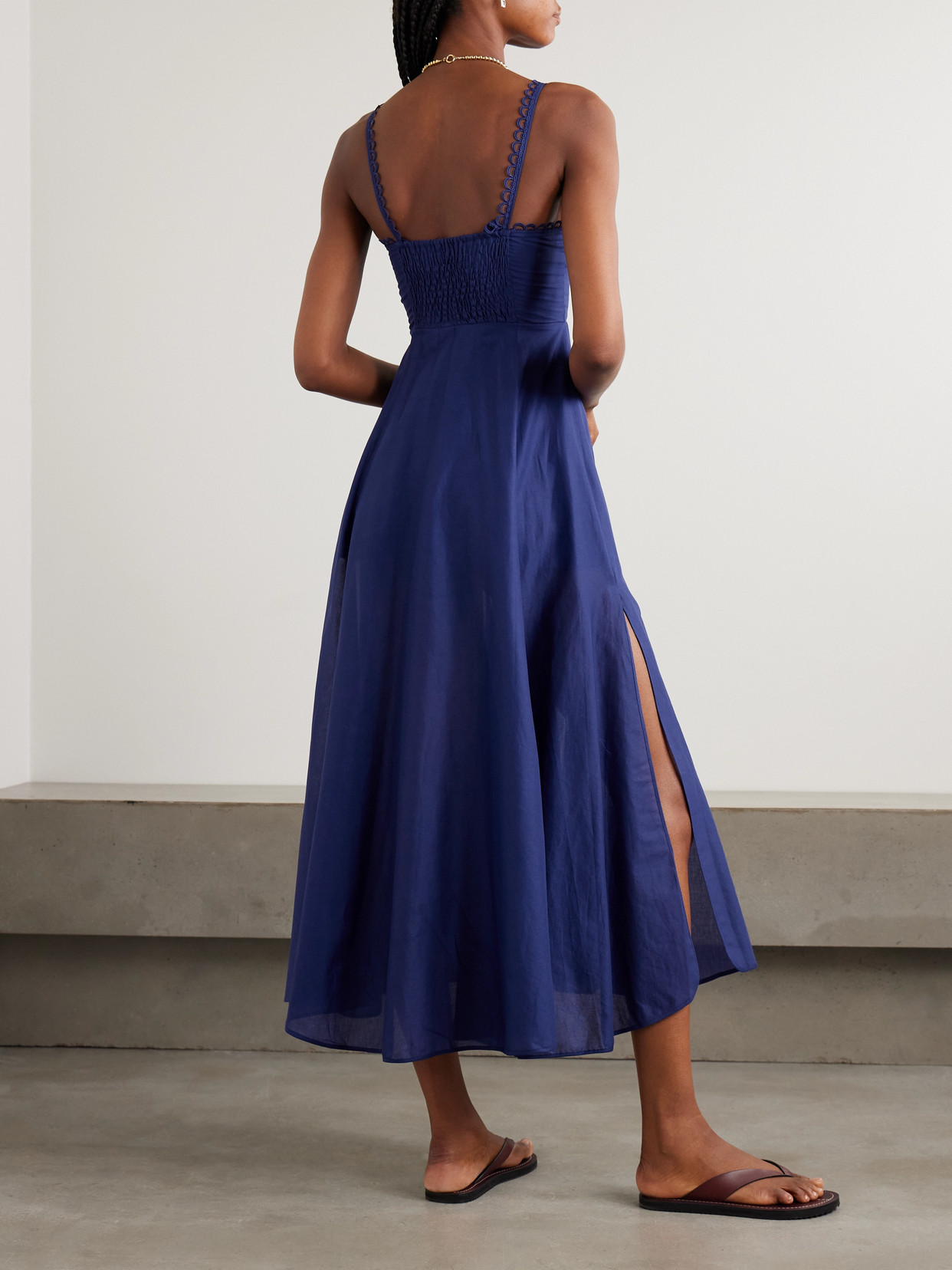 Charo Ruiz Iraso Guipure Lace-trimmed Cotton-blend Voile Midi Dress In Blue
