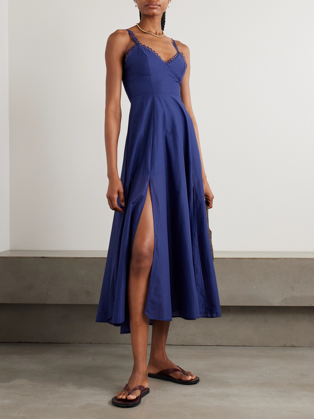 Charo Ruiz Iraso Guipure Lace-trimmed Cotton-blend Voile Midi Dress In Blue