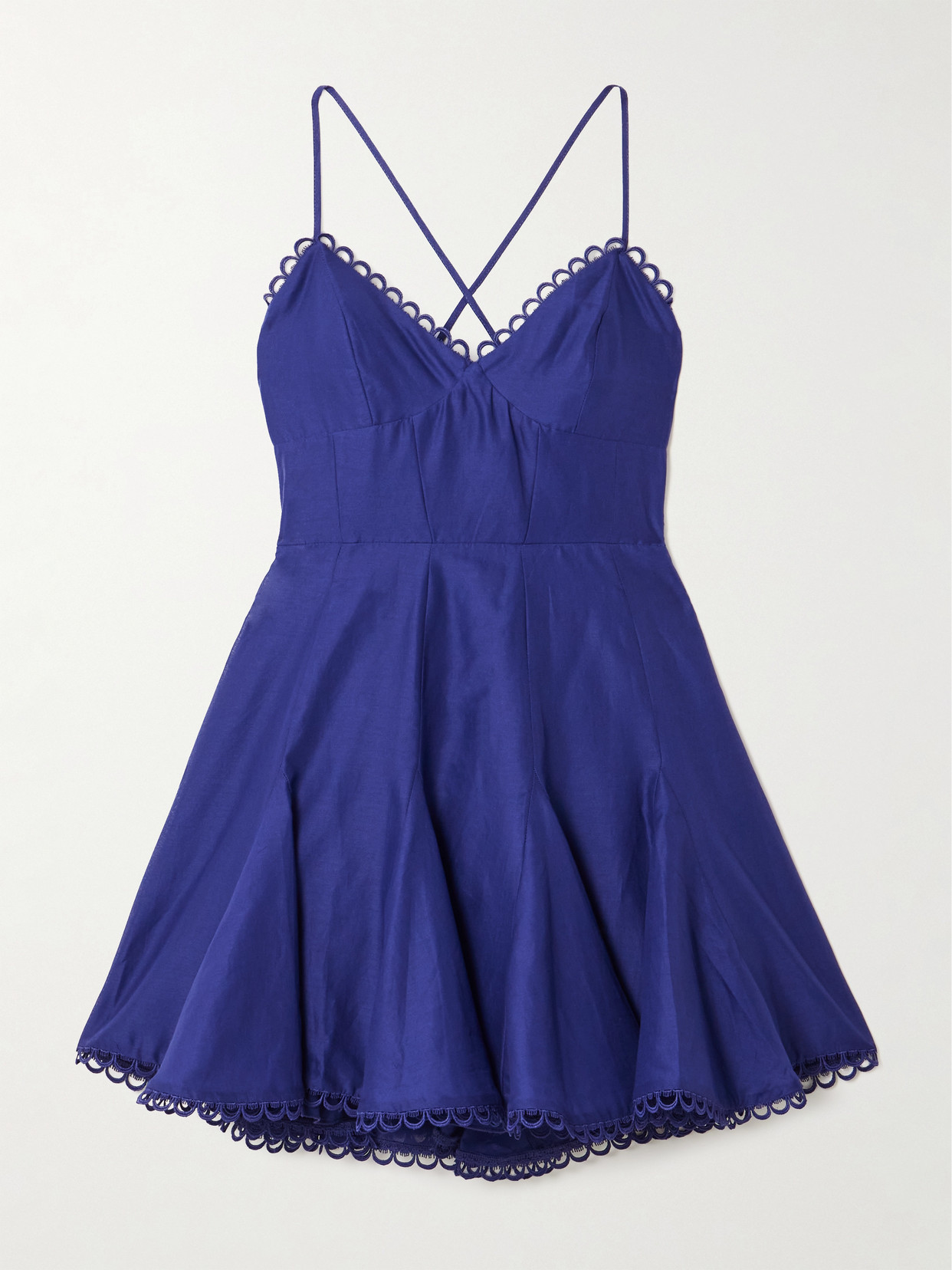 Charo Ruiz Marlene Pleated Guipure Lace-trimmed Cotton-blend Voile Mini Dress In Blue